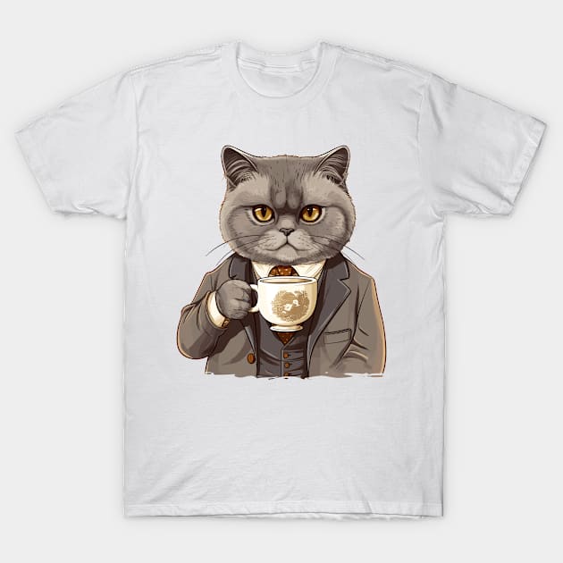 British Shorthair Cat Drinking Coffee T-Shirt by Graceful Designs